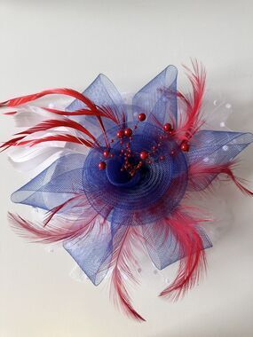 Red/White/Blue Feather Mesh Fascinator Hat Clip/Band Wedding Tea Cocktail Party